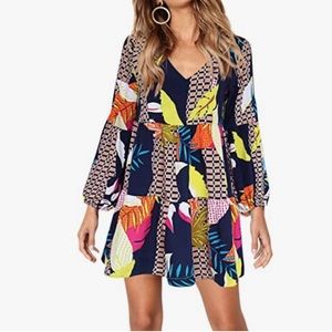 Spring/Summer Tunic Shift Dress with V-Neck and a Fun, Geometric Print